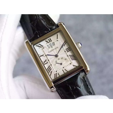 Best Quality Replica Cartier Tank W1560003 White Textured Black Leather Strap WJ00350