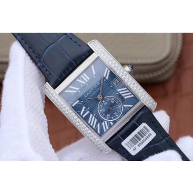 Cartier Tank MC Blue Textured Dial Diamonds Bezel Leather Strap WJ00454