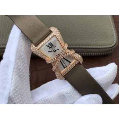 Copy Cartier High Jewelry Watches WJ306014 White Dial Brown Fabric Strap WJ00591