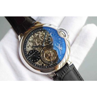 Fake Cartier Ballon Bleu Skeleton Tourbillon Black Dial Black Leather Strap Cartier WJ00759