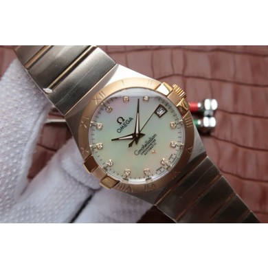 High Quality Replica Omega V6 Constellation 35mm White MOP Dial Bezel Diamonds Markers Bracelet WJ00163