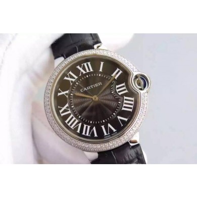 Luxury Cartier Ballon Bleu 40mm Diamonds Bezel Black Dial Leather Strap Cartier WJ00829