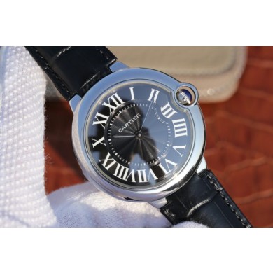 Replica Cartier Ballon Bleu 46mm Black Textured Dial Leather Strap WJ01312