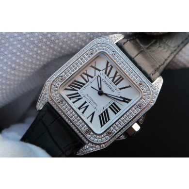 Top Cartier V6 Santos 100 41mm White Dial Diamond Bezel Black Leather Strap WJ00417