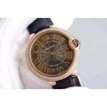 Cartier Ballon Bleu 40mm Diamonds Bezel Black Dial Leather Strap WJ00374