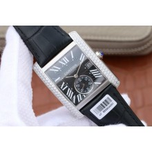 Fake Cartier Tank MC Black Dial Diamonds Bezel Leather Strap WJ00320