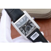 Fake Cartier Tank MC Black Dial Diamonds Bezel Leather Strap WJ00320